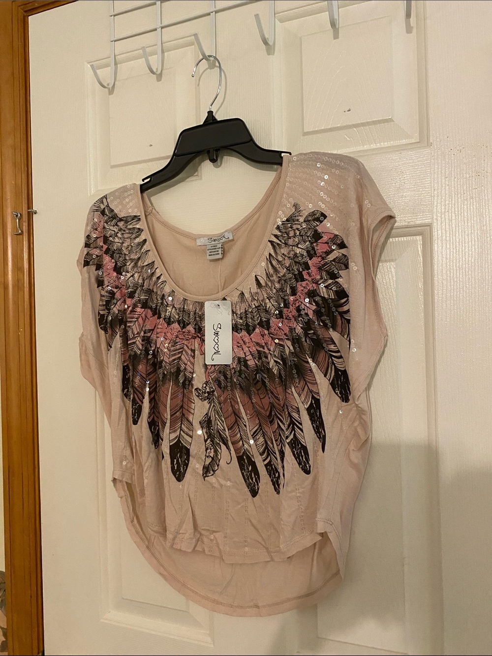Swoon Boutique Blush Pink Feather-Print Sequin Crop Top
